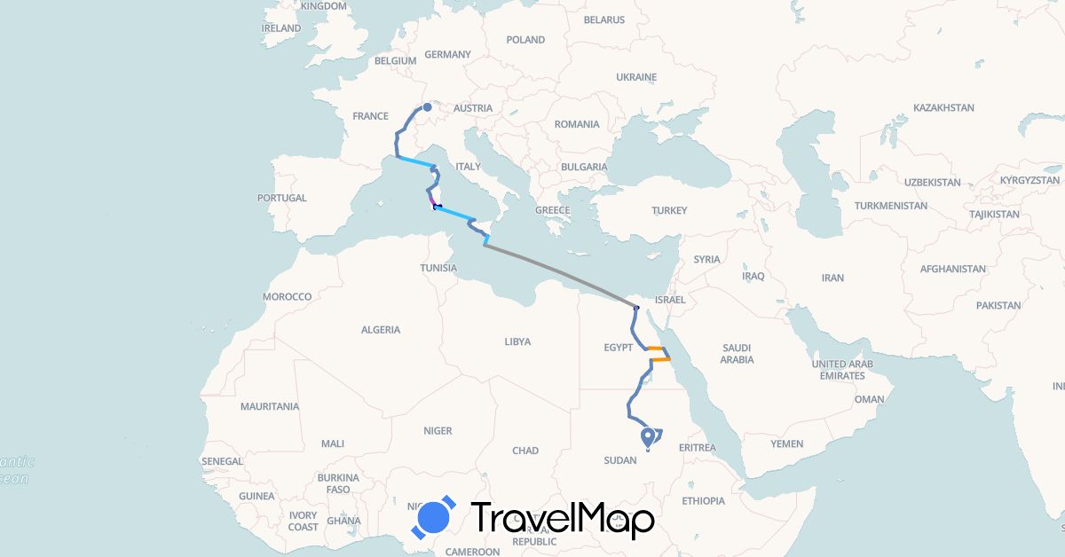 TravelMap itinerary: driving, plane, cycling, train, boat, hitchhiking in Switzerland, Egypt, France, Italy, Malta, Sudan (Africa, Europe)